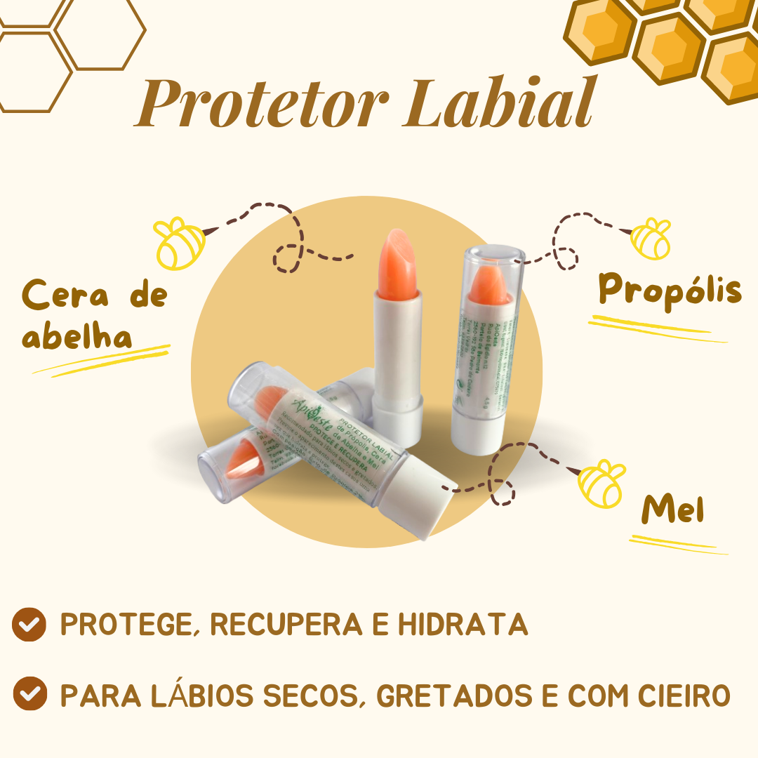 Prototores labiais em bastão com tampa transparente, em fundo amarelo com desenhos de favos de mel.