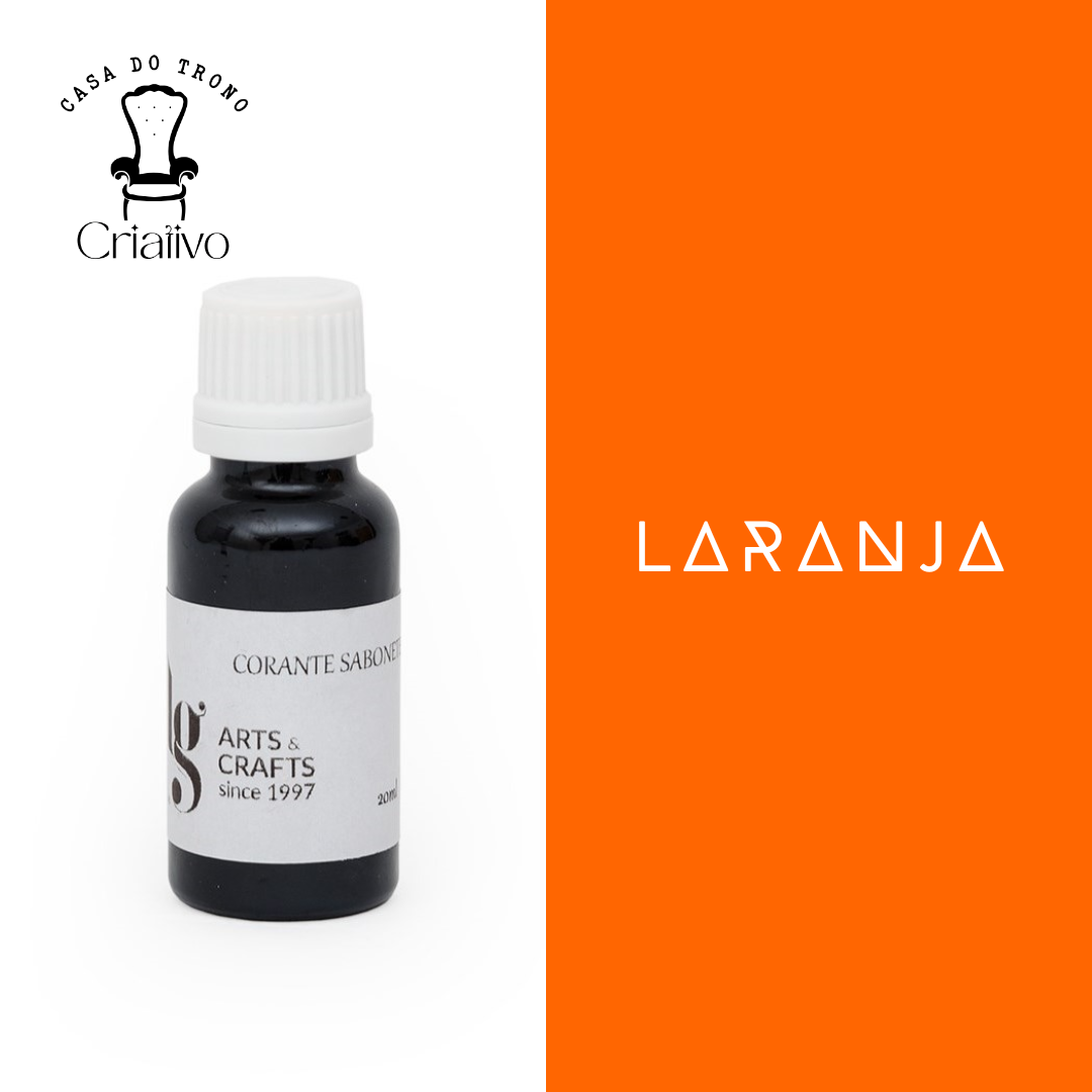 Frasco pequeno de corante para sabonete com rótulo e texto em fundo laranja