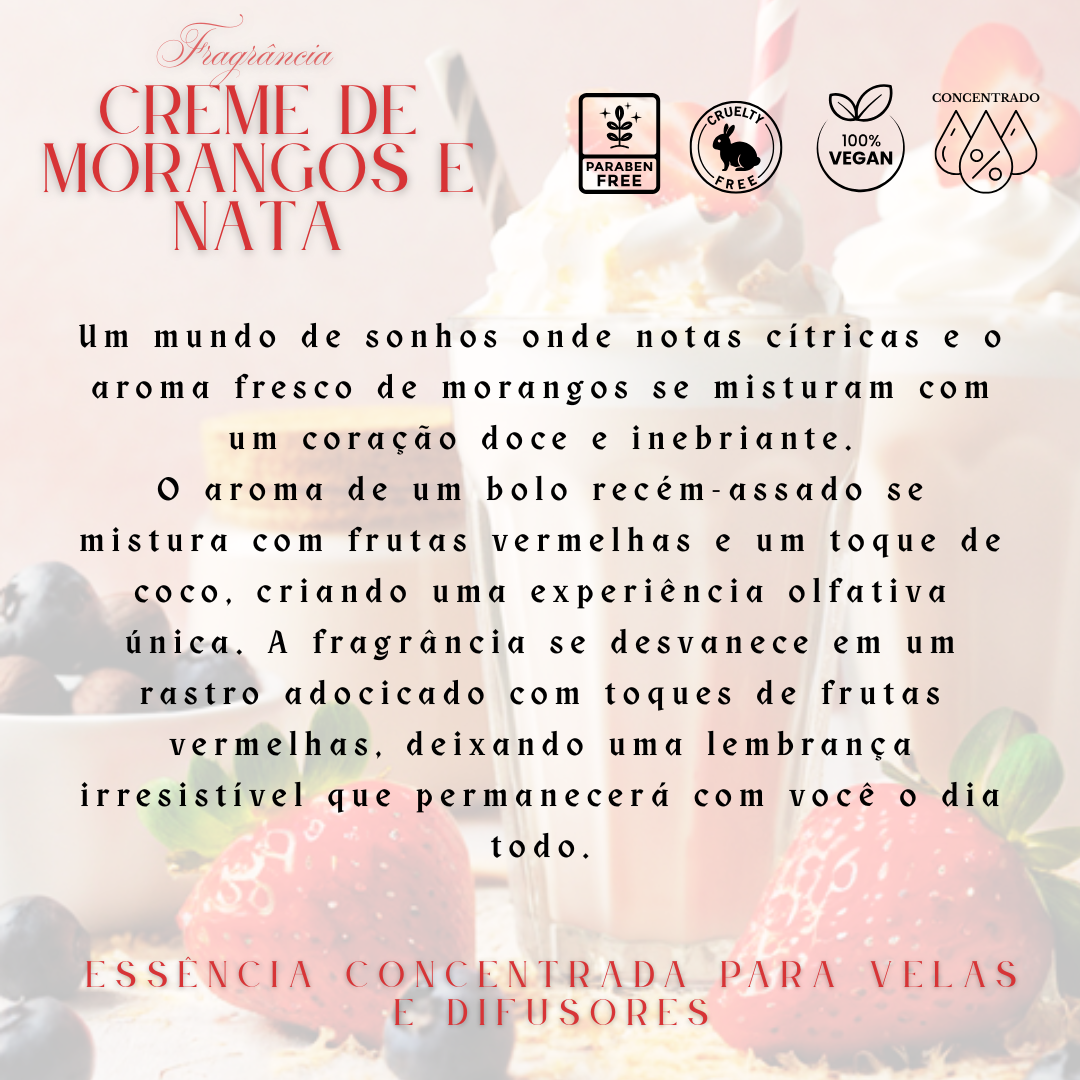 Embalagem de essência concentrada para velas e difusores com texto sobre fragrância creme de morangos e nata e ícones de características do produto