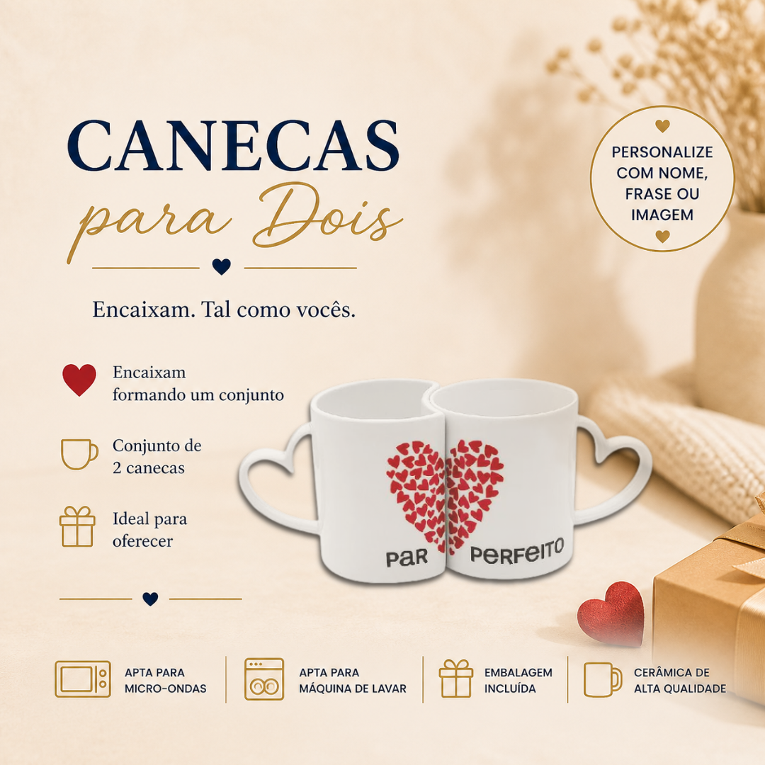 Conjunto de duas canecas cerâmicas brancas com punho em forma de coração e estampa de coração vermelho dividido, formando um conjunto casal