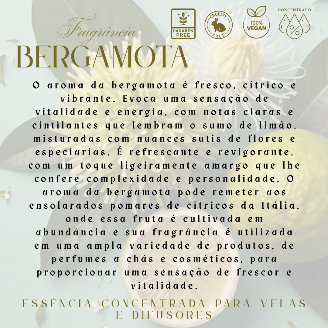 Embalagem fragrância Bergamota com texto descritivo e símbolos de paraben free, cruelty free, 100% vegan e concentrado