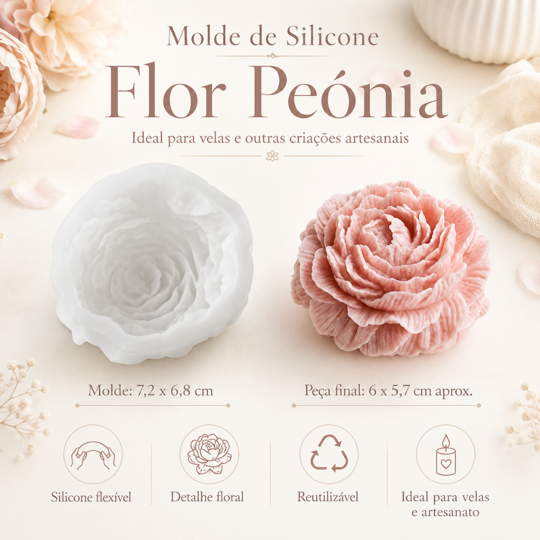 Molde de silicone flor peónia branco ao lado de peça rosa detalhada, texto sobre detalhes e medidas