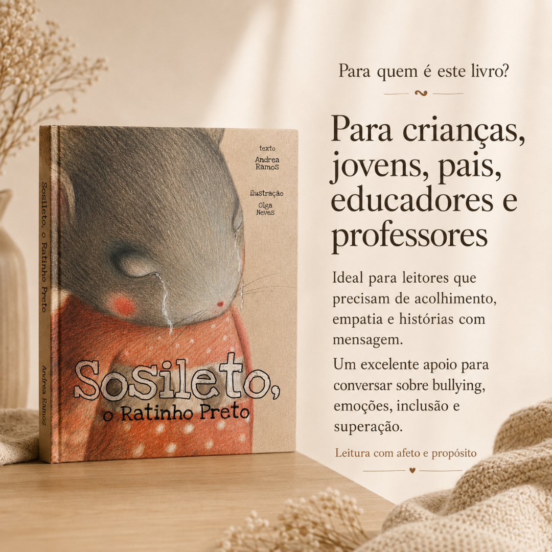 Livro infantil Sosileto, o Ratinho Preto com capa de ratinho chorando em mesa de madeira clara