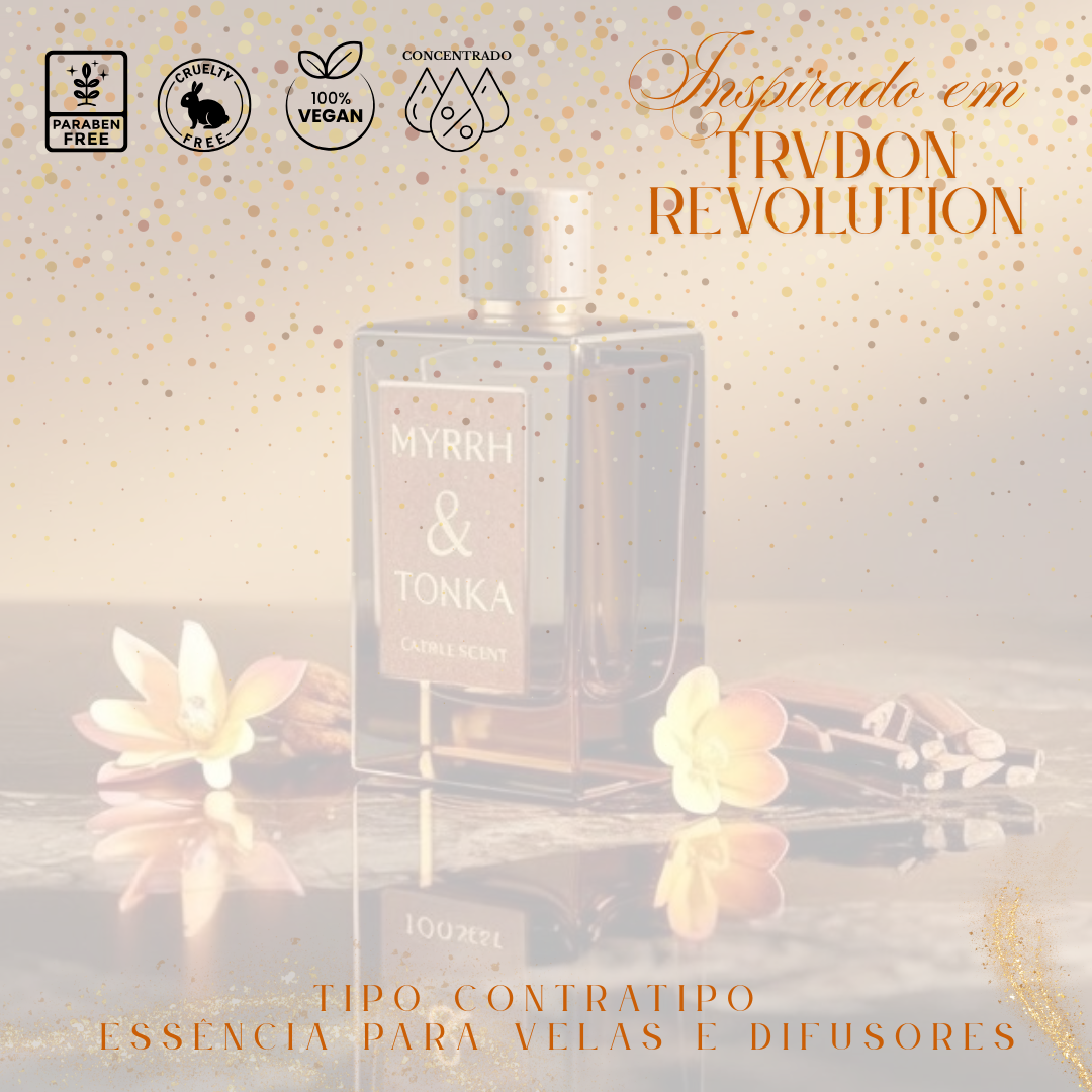 Frasco de essência para velas e difusores com rótulo MYRRH & TONKA