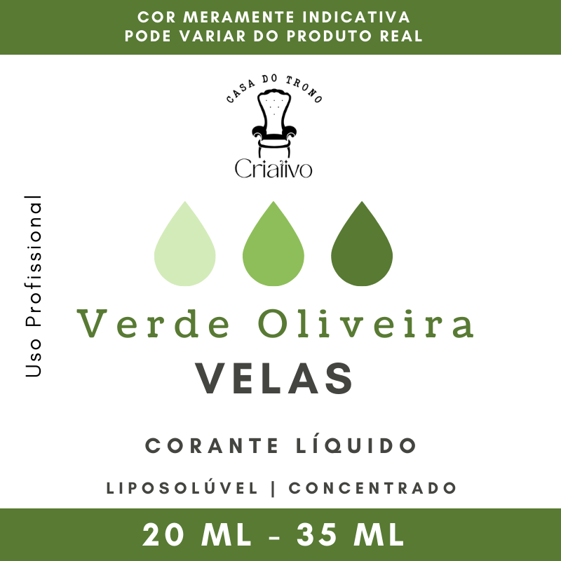 Rótulo de corante líquido Verde Oliveira para velas com texto e gotas de cor verde