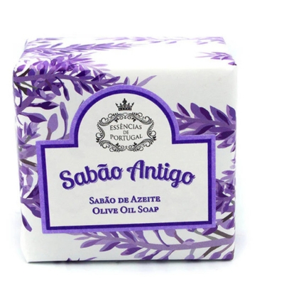 Embalagem de Sabão Antigo de azeite com folhas roxas e texto roxo.