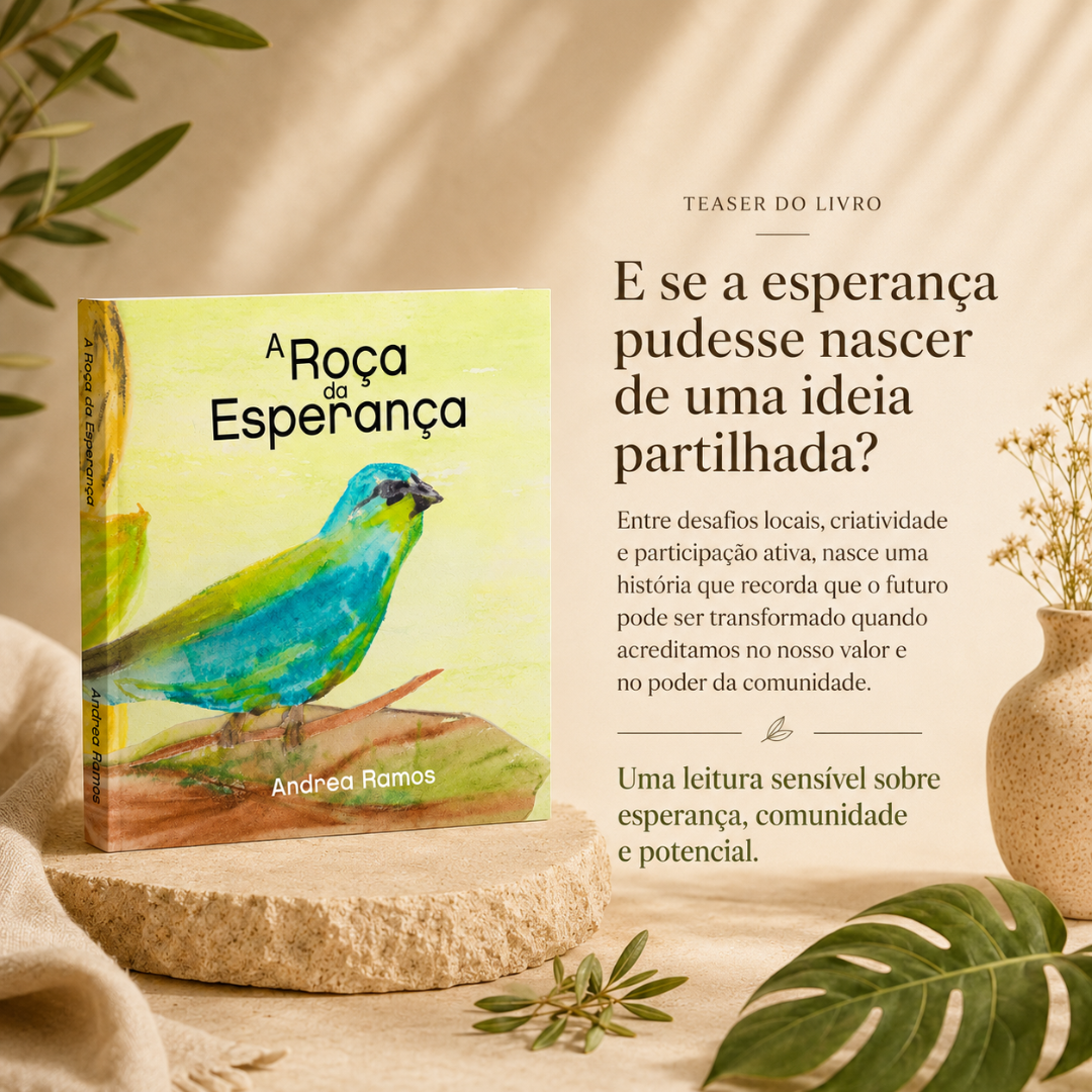 Livro A Roça da Esperança com ilustração de pássaro e plantas decorativas ao redor.