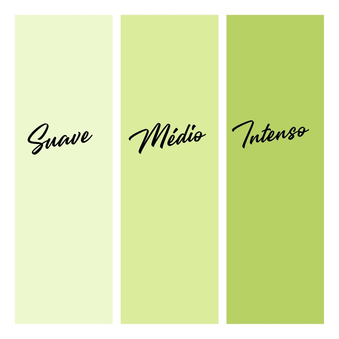 Três painéis verdes com os textos Suave, Médio e Intenso em preto