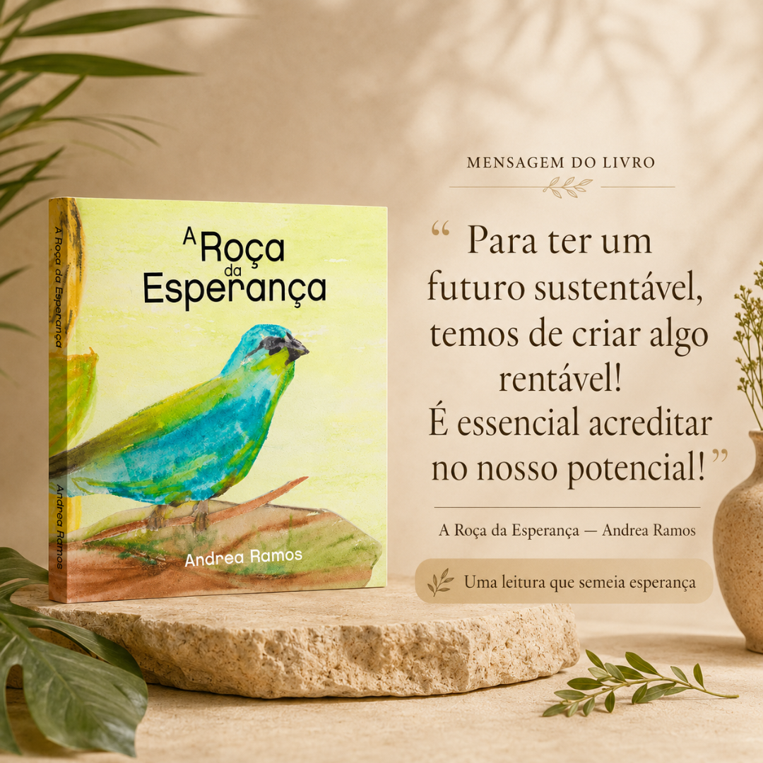 Livro infantil A Roça da Esperança com ilustração de pássaro azul e verde sobre galho