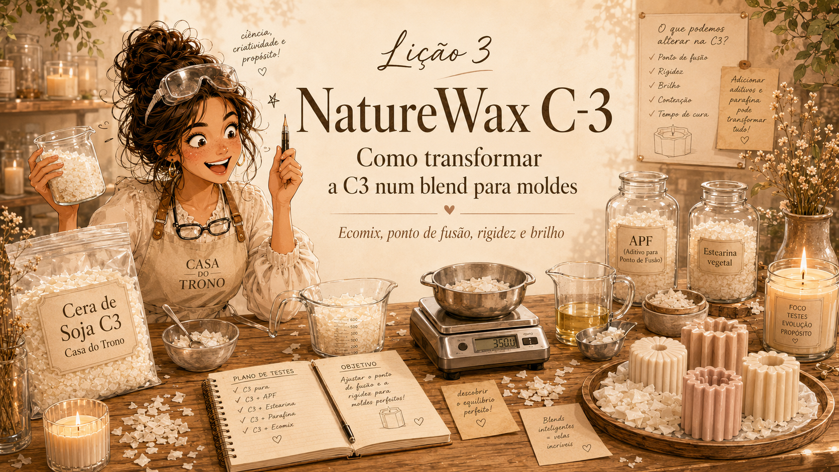 NatureWax C-3 uma das nossas preferidas... Mulher com avental Casa do Trono e vários produtos de cera de soja e aditivos para moldes sobre mesa de madeira.