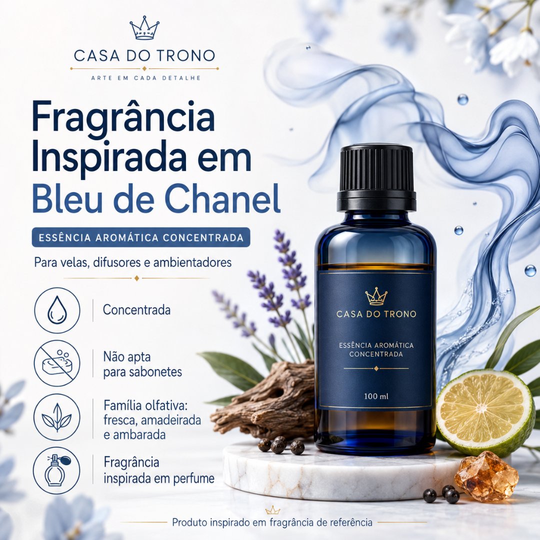 Frasco de essência aromática azul CASA DO TRONO com elementos naturais e texto descritivo