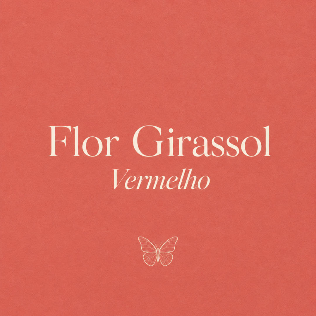 Texto Flor Girassol Vermelho com uma borboleta desenhada num fundo vermelho