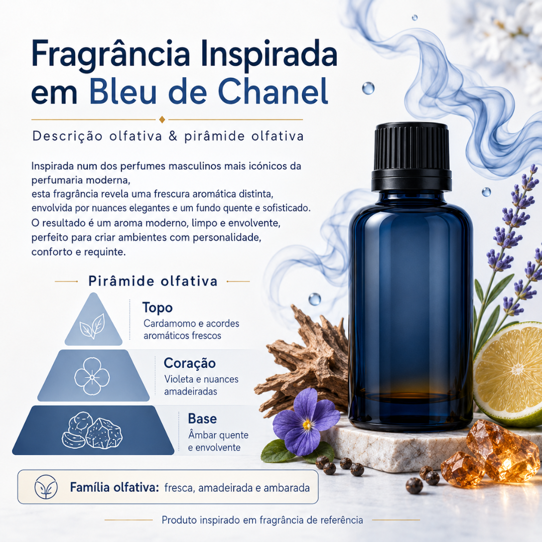 Frasco azul escuro com tampa preta junto a flores, limão e madeira com texto sobre fragrância inspirada em Bleu de Chanel