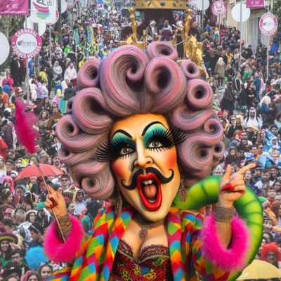 Pessoa com máscara colorida e cabelo rosa encaracolado em evento ao ar livre