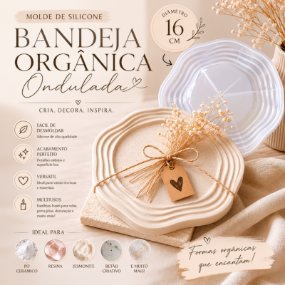 Bandeja orgânica ondulada de silicone bege com raminhos secos, texto promocional em português