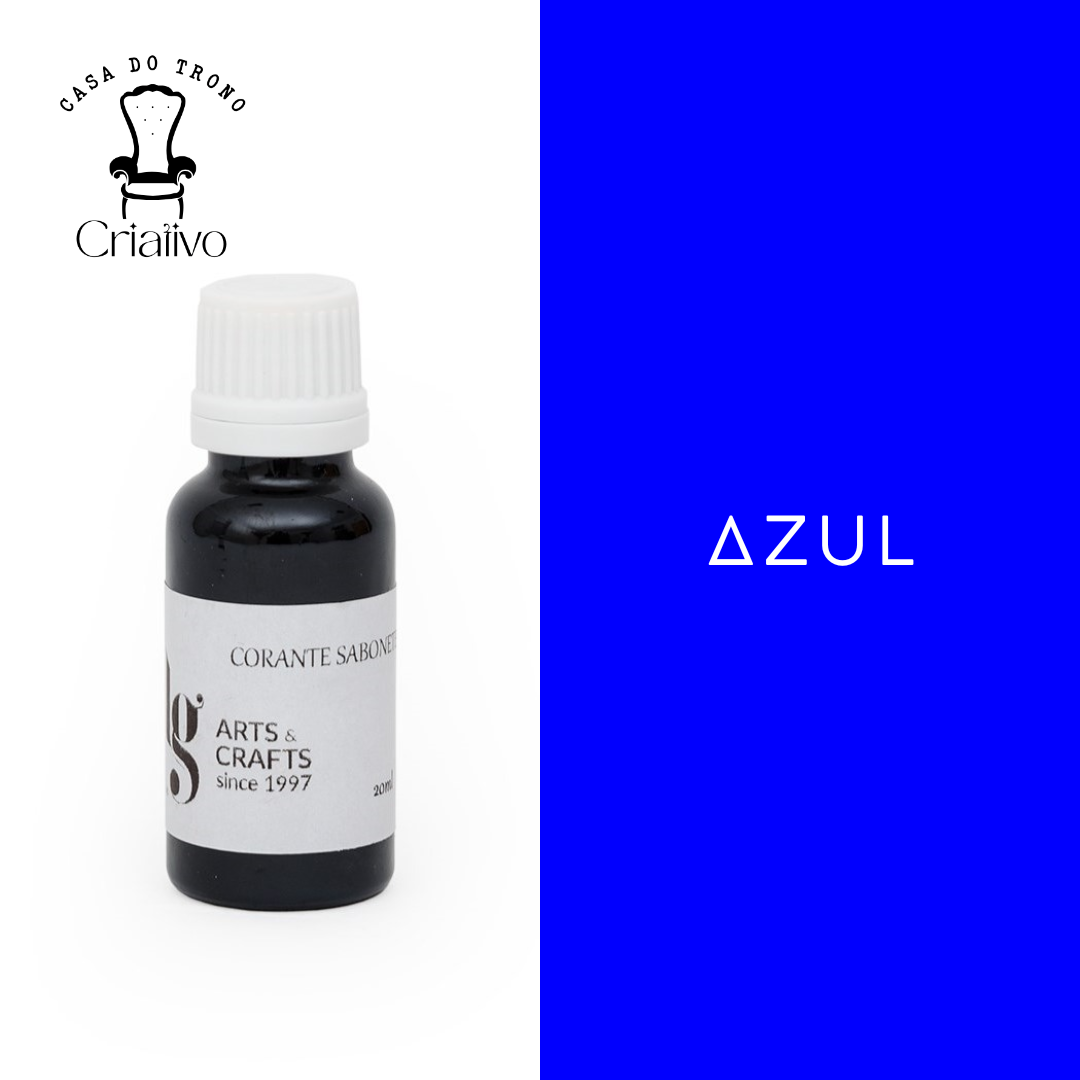 Frasco de corante azul para sabonetes com rótulo e fundo azul com texto AZUL