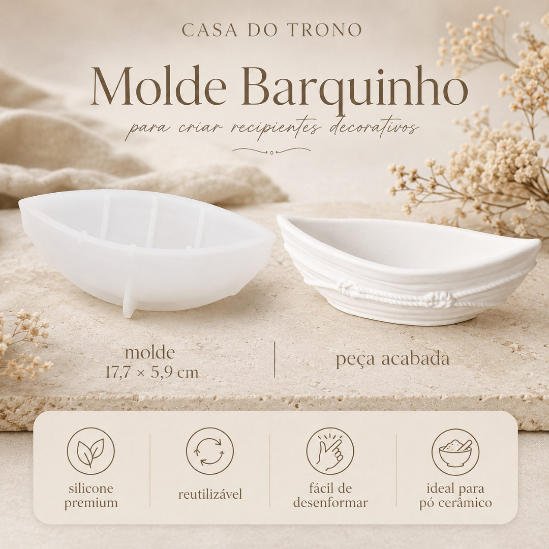Molde de silicone branco em forma de barquinho e peça cerâmica acabada lado a lado em superfície de pedra com flores secas ao fundo