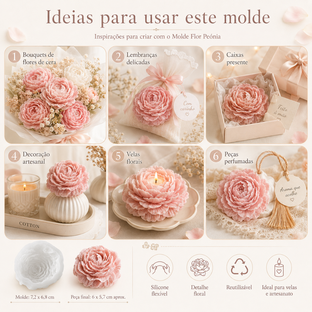 Molde de silicone para flor peónia em várias aplicações decorativas e artesanais