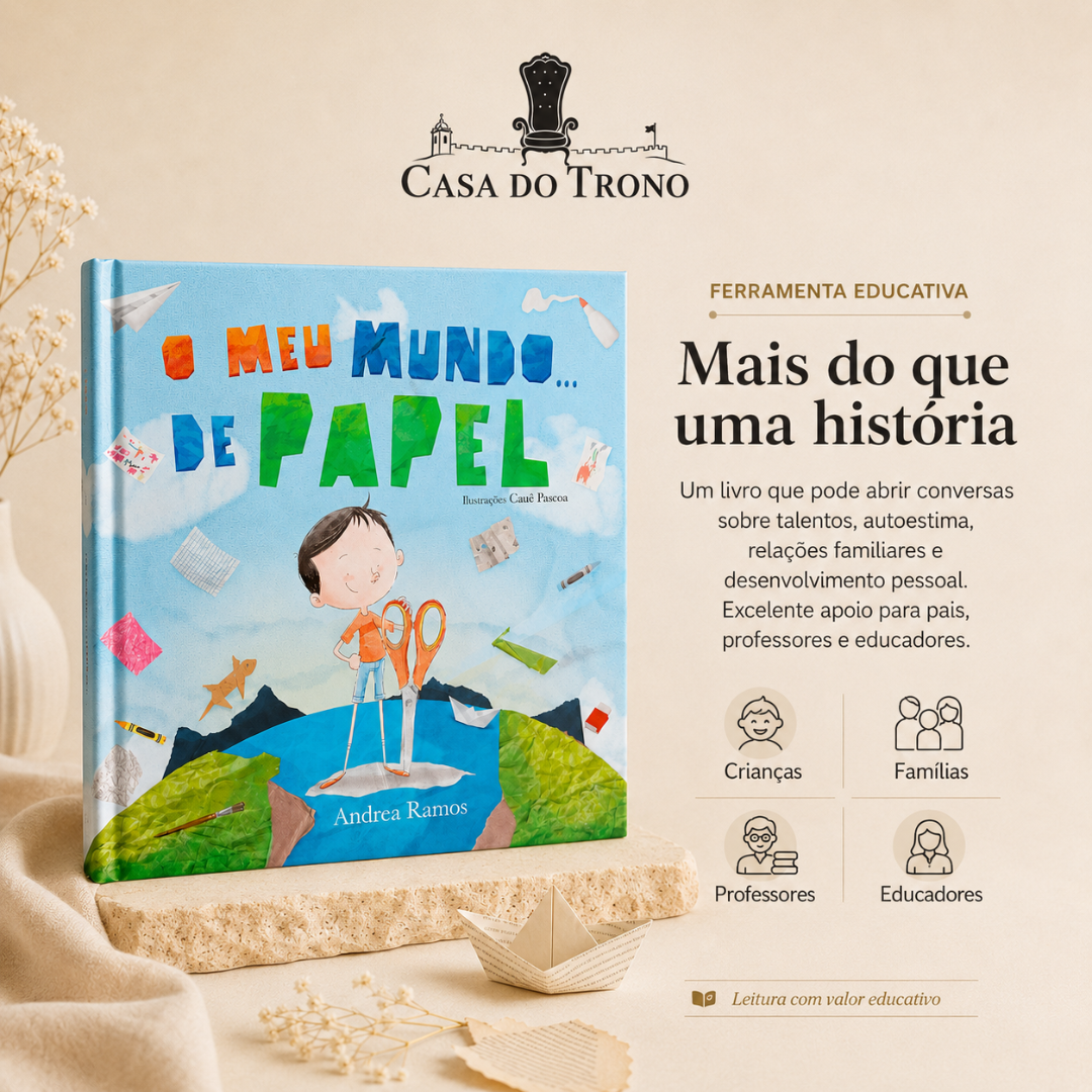 Livro infantil O Meu Mundo de Papel com capa azul e ilustração de criança segurando tesoura sobre pedra com origamis de papel