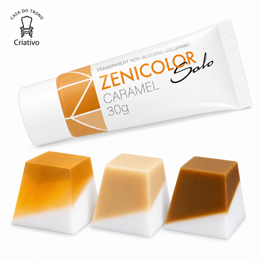 Tubo de corante caramel Zenicolor Solo e três blocos trapezoidais nas cores caramel e branco