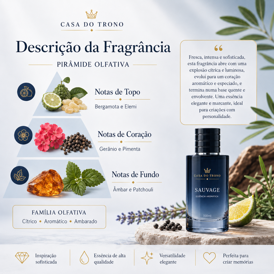 Frasco azul-escuro de perfume Sauvage Casa do Trono 100ml com descrição da fragrância em português