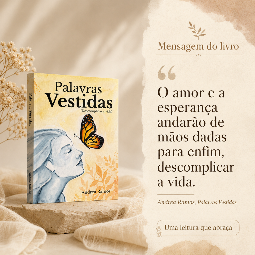 Livro Palavras Vestidas com ilustração de mulher e borboleta, sobre fundo amarelo