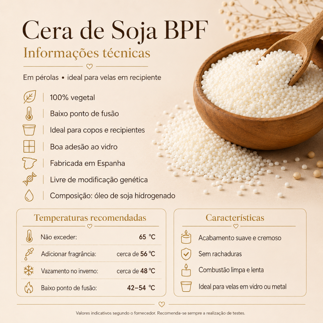 Grânulos brancos de cera de soja em tigela de madeira com colher e texto técnico ao lado.