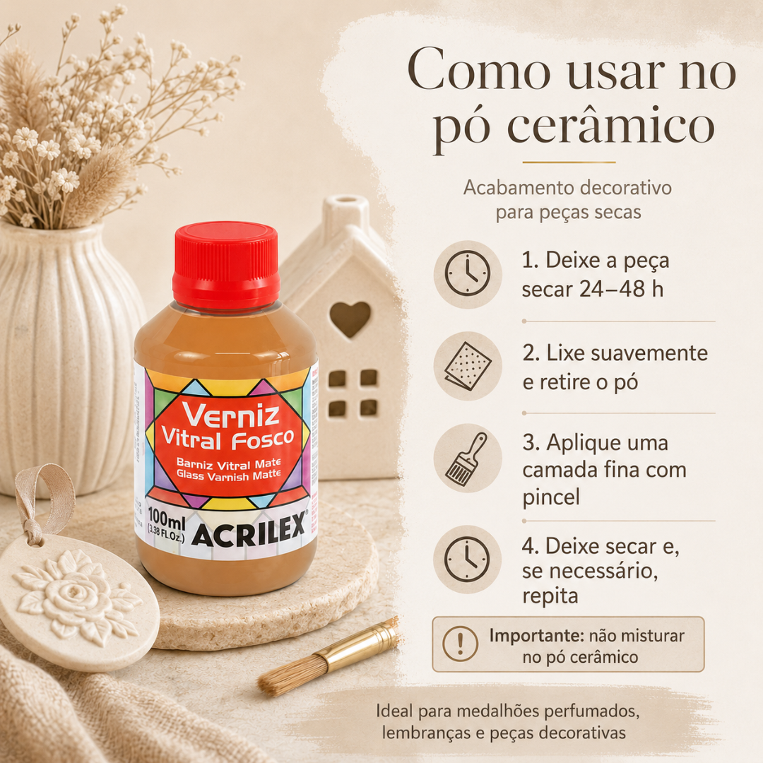 Frasco de verniz vitral fosco Acrilex com pincel, ornamento cerâmico e texto instrucional