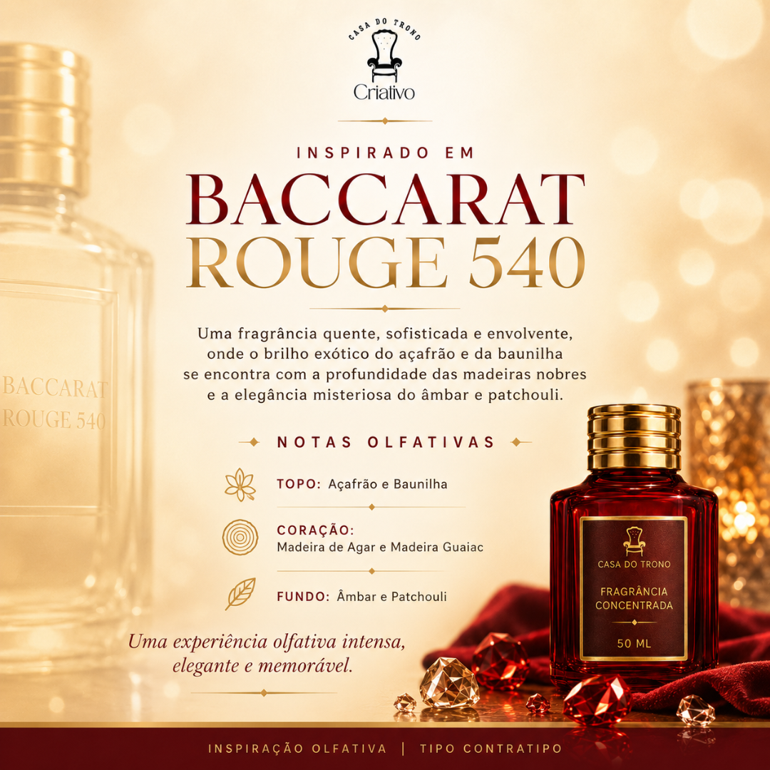 Perfume em embalagem vermelha e dourada Casa do Trono Criativo inspirado em BACCARAT ROUGE 540