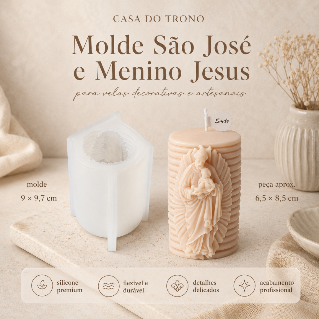 Molde de silicone translúcido para vela decorativa e vela bege com figura de São José e Menino Jesus