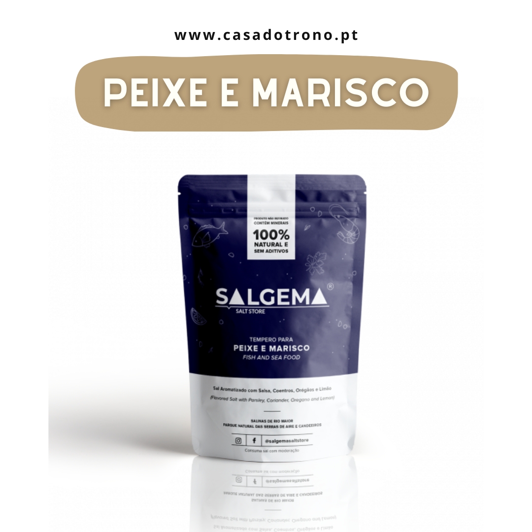 Embalagem azul escuro e branco do tempeiro Salgema para peixe e marisco