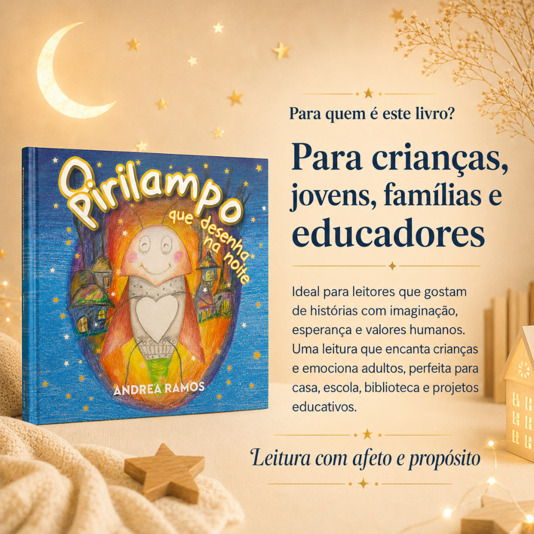 Capa do livro Pirilampo que desenha na noite colorida com ilustração de pirilampo e texto de apresentação em português