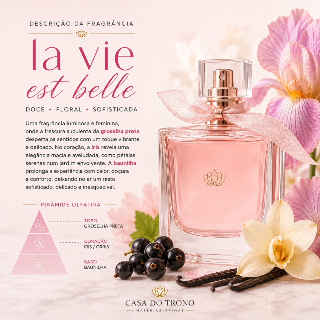 Fragrância la vie est belle numa garrafa rosa com laço, groselha preta, flor de íris, baunilha e texto explicativo em português