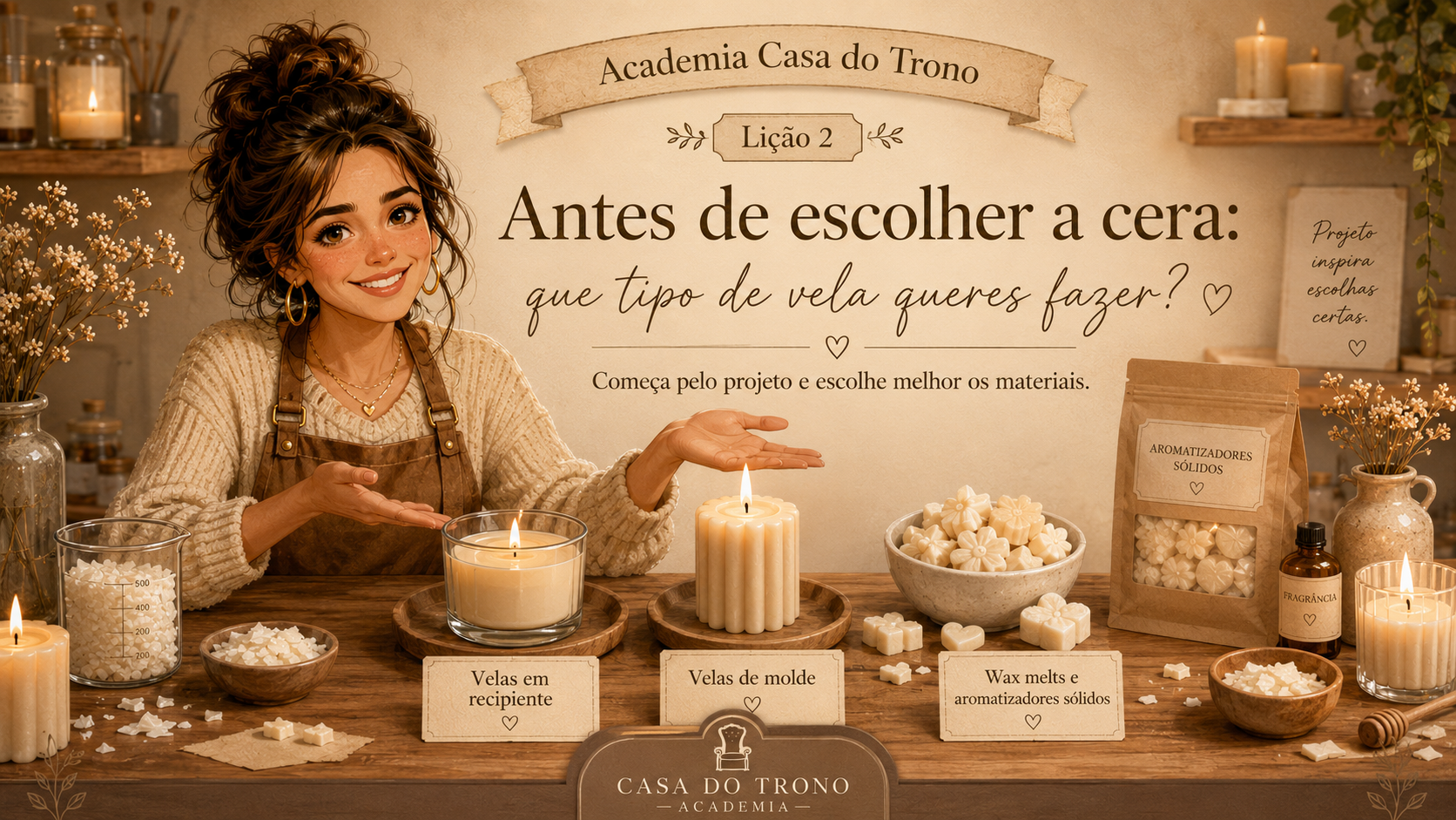 Mulher apresentando velas em recipientes de vidro, velas de molde e aromatizadores sólidos em ambiente rústico.