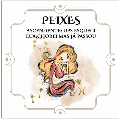 Ilustração colorida de personagem feminina com texto sobre signo Peixes e ascendente em moldura decorativa.