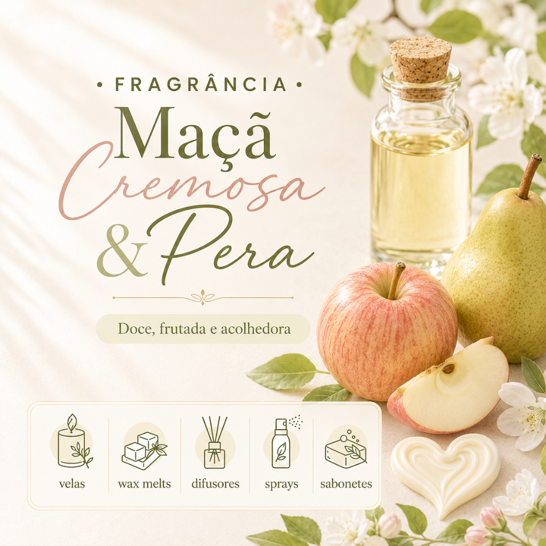 Fragrância Maçã Cremosa & Pera com frutas, sabonete em forma de coração e garrafa de vidro
