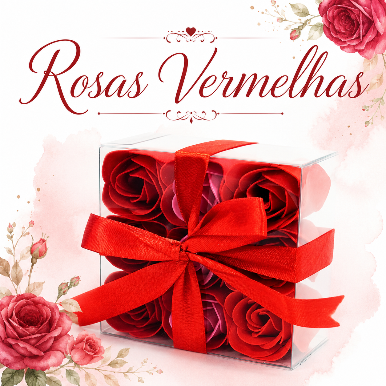 Caixa transparente com rosas vermelhas e fita vermelha, texto Rosas Vermelhas em fundo branco