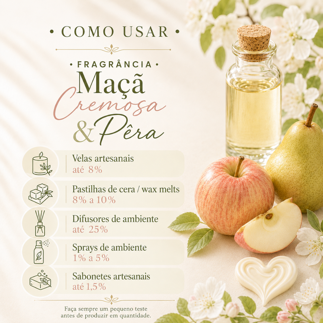 Instruções de uso da fragrância Maçã Cremosa & Pêra com produtos e frutas sobre fundo claro