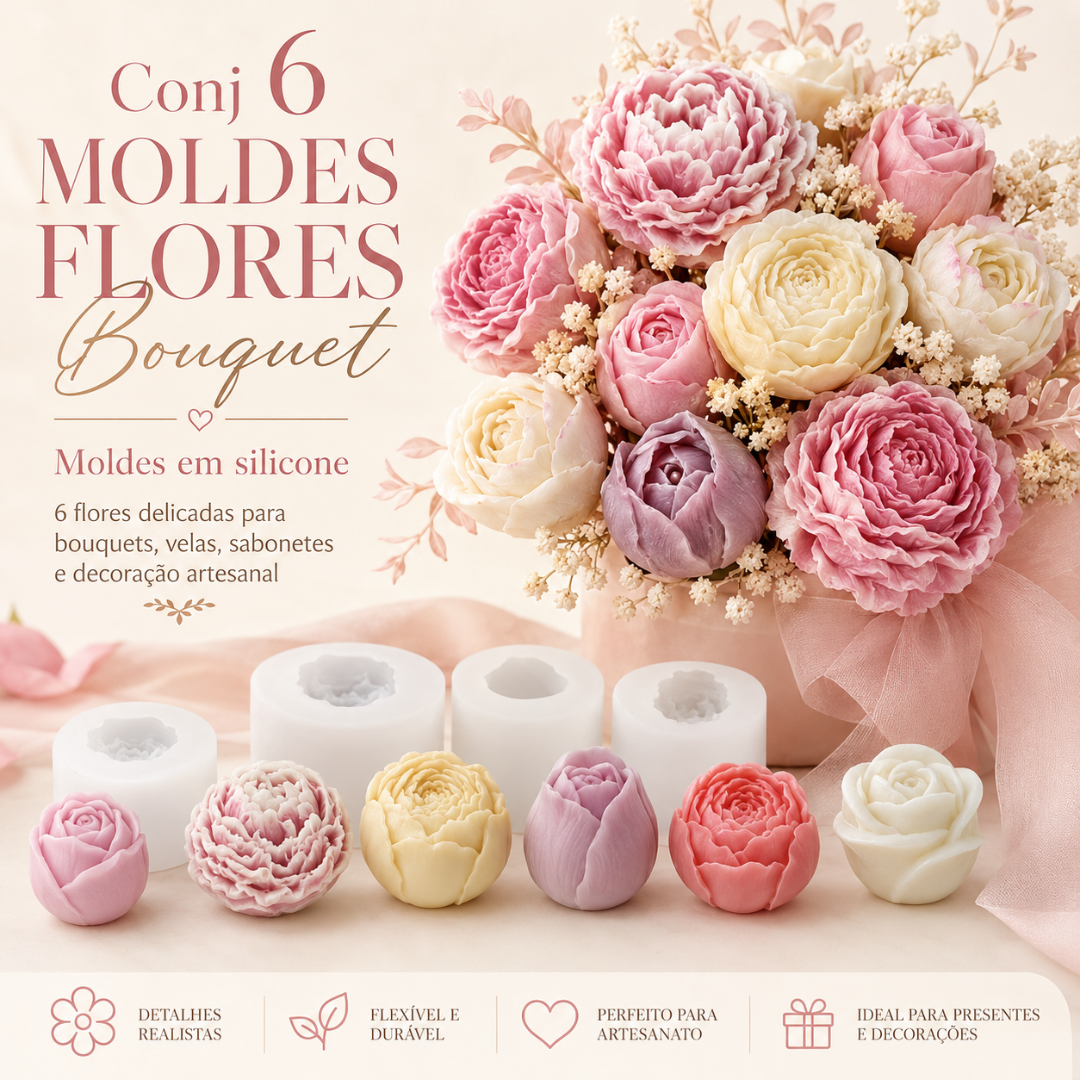 Moldes de silicone para flores em várias cores e bouquet decorativo