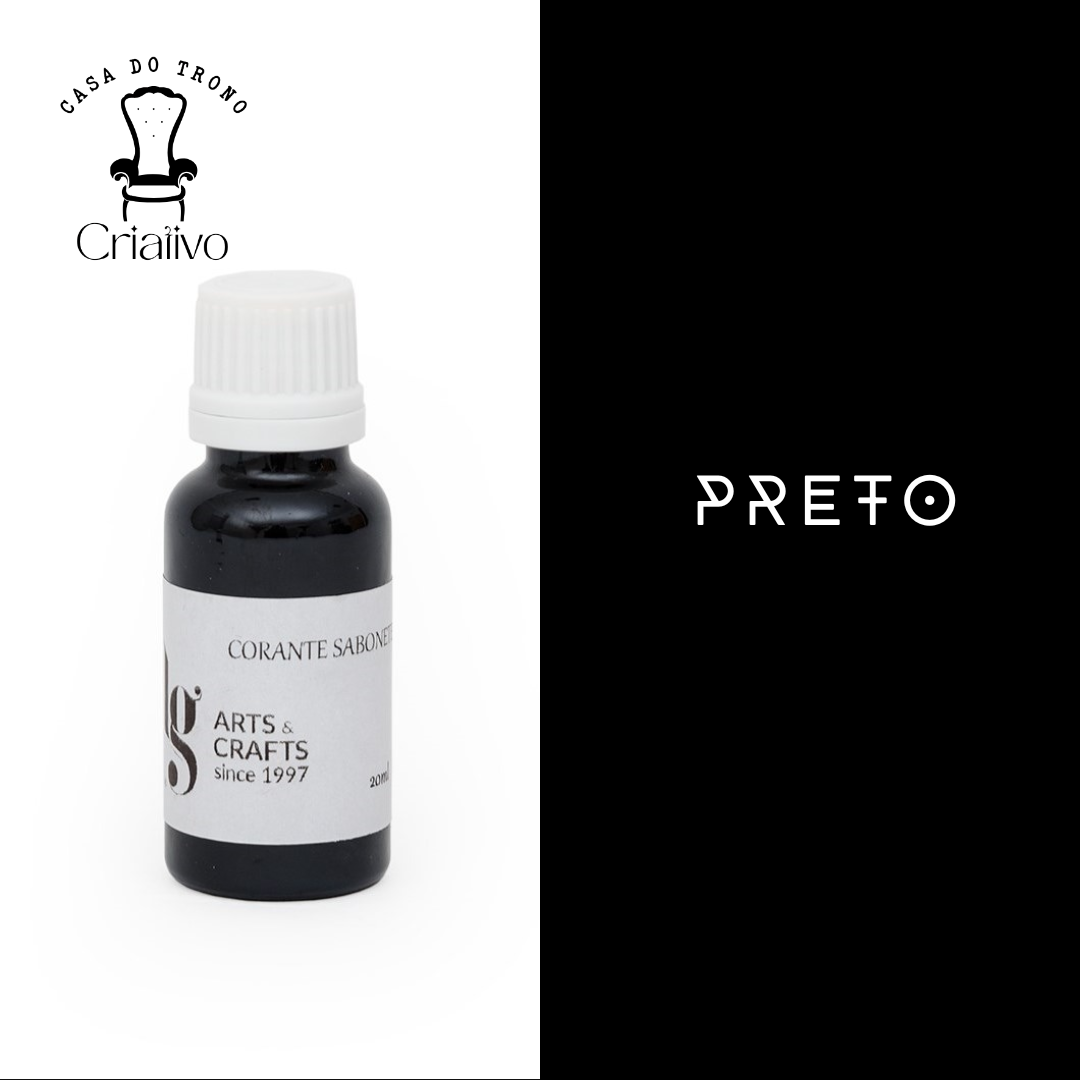 Frasco preto de corante para sabonetes com etiqueta branca e texto visível