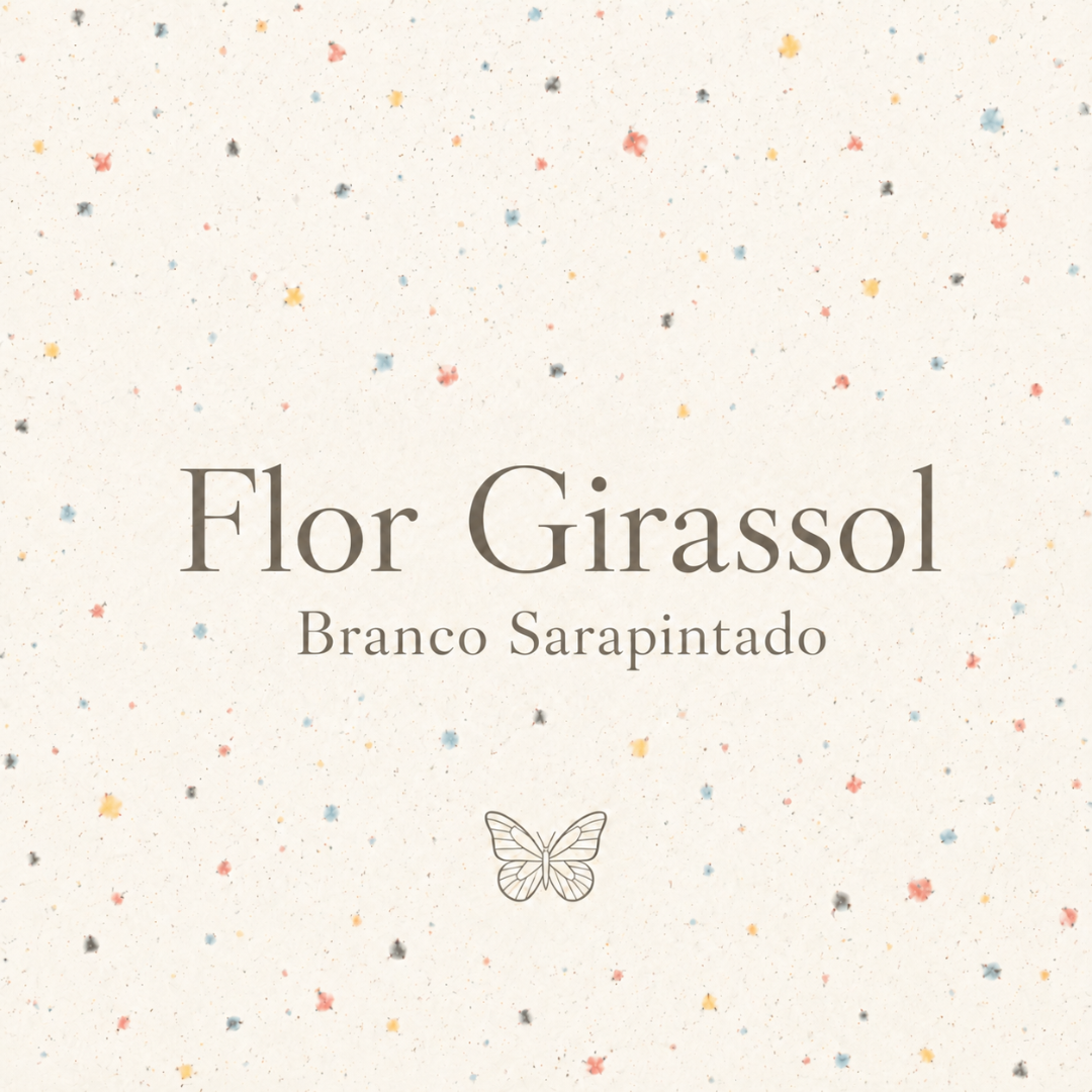 Plano de fundo branco com manchas coloridas e texto Flor Girassol Branco Sarapintado