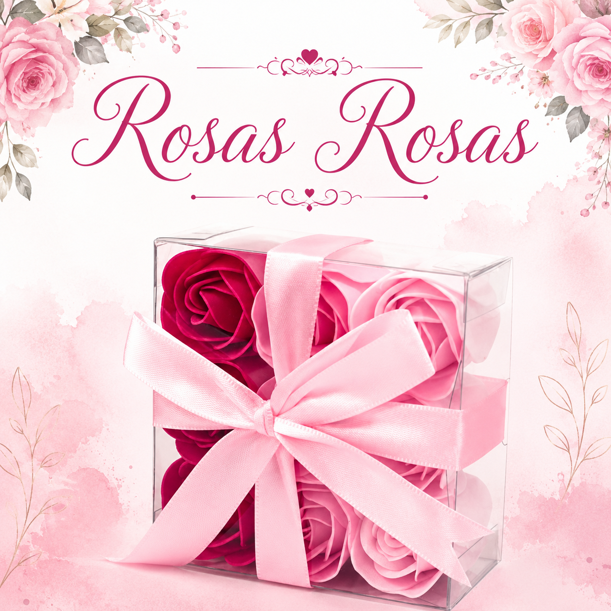 Caixa com rosas artificiais em tons de rosa e vermelho com laço rosa