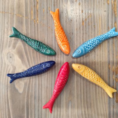 Ímanes de peixe coloridos em cerâmica sobre madeira