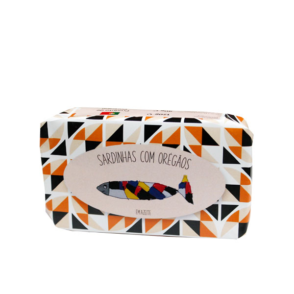 Lata de sardinhas com orégãos com embalagem geométrica colorida