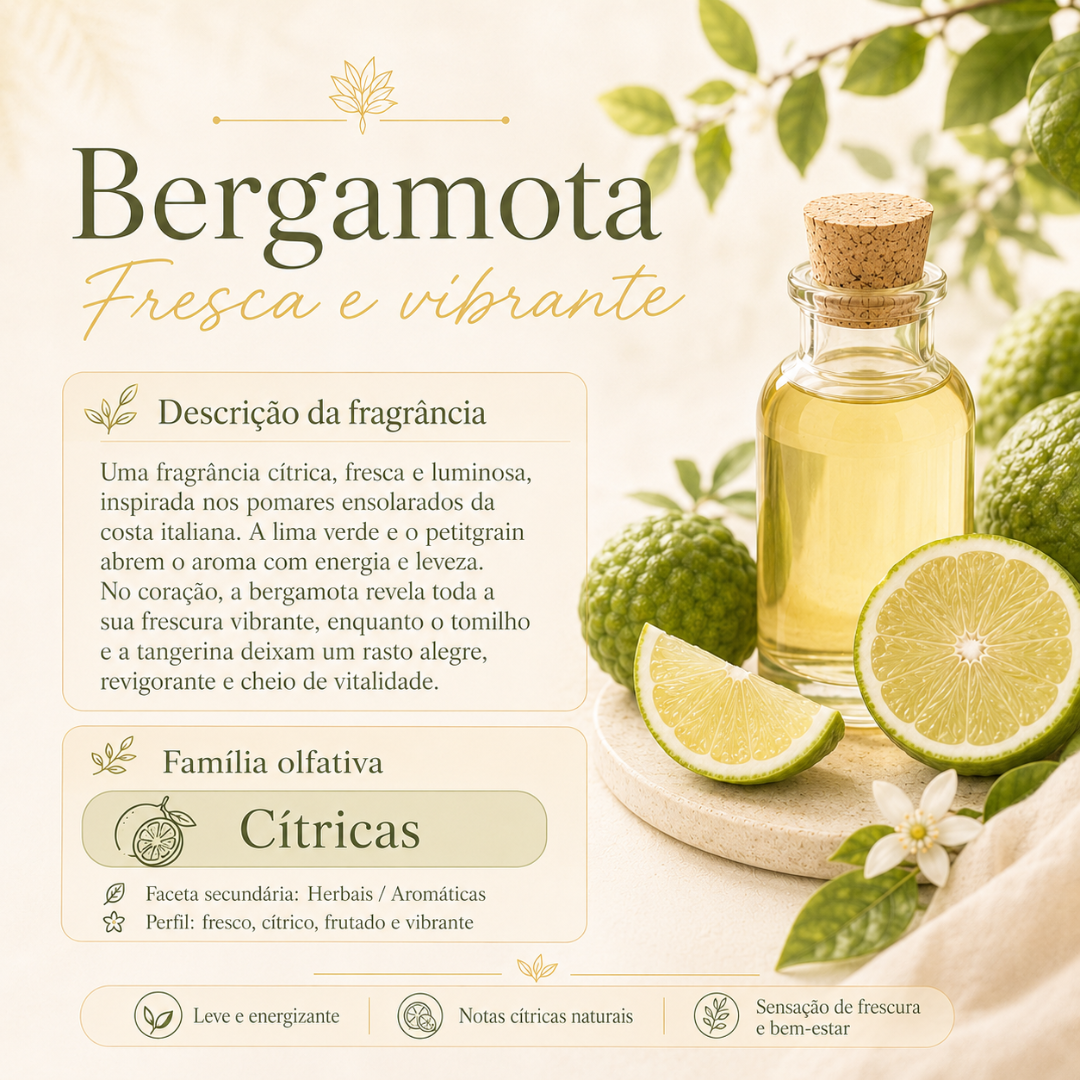 Fragrância Bergamota em garrafa de vidro com frutos de bergamota e folhas verdes ao redor