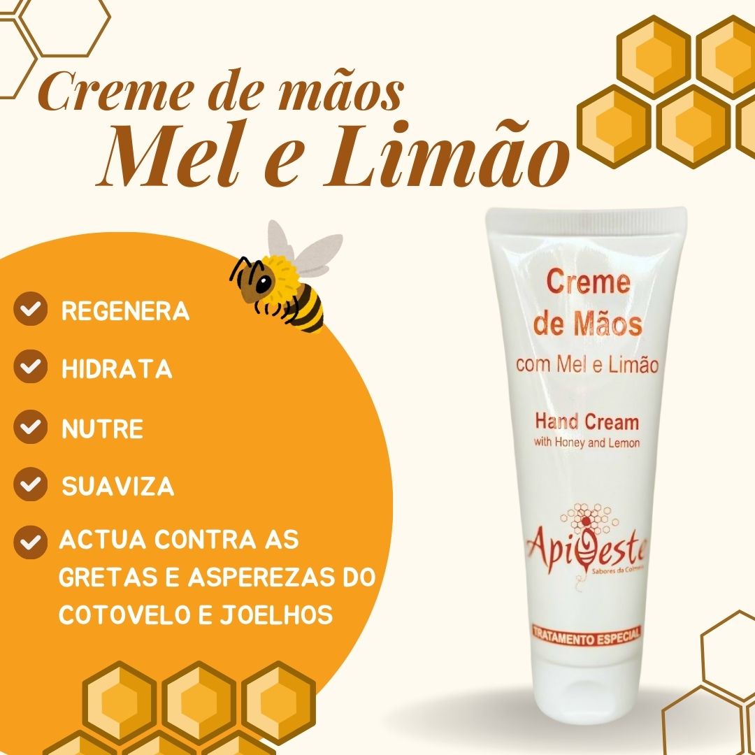 Creme de mãos Apiqeste com mel e limão, embalagem branca e detalhes em laranja, com desenhos de colmeias no fundo.