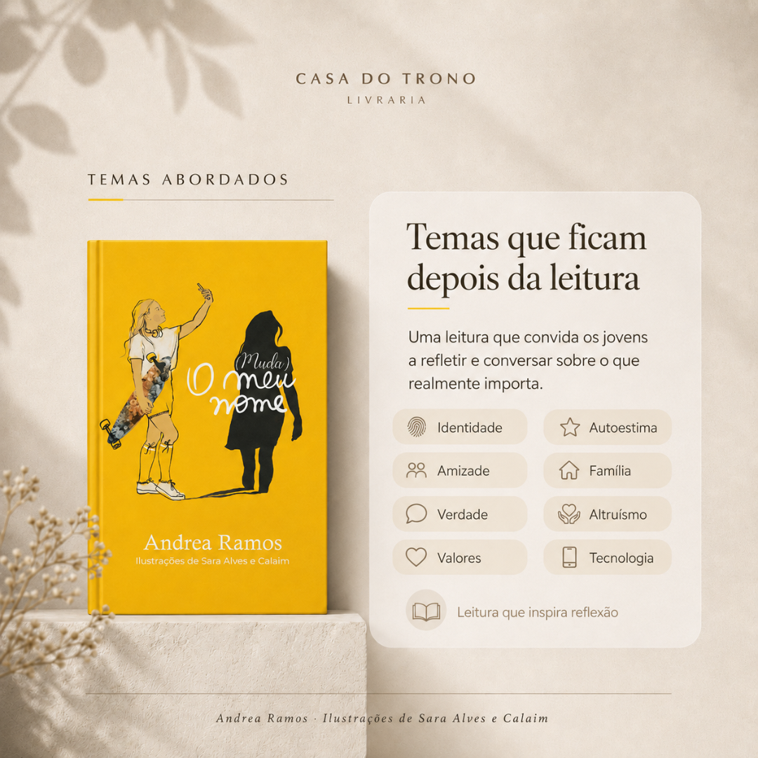 Livro amarelo com ilustração de rapariga com skate e sombra feminina, texto e lista de temas em fundo bege