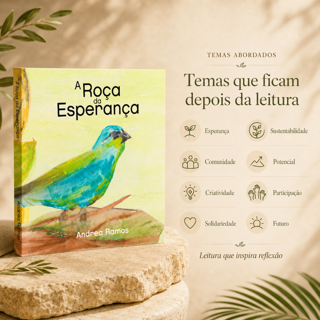 Livro A Roça da Esperança com ilustração de pássaro azul e verde e lista de temas abordados ao lado