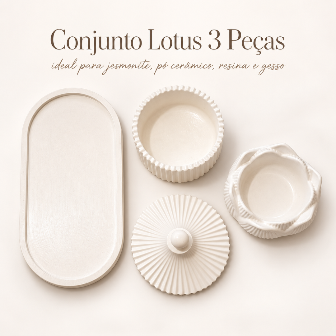 Conjunto Lotus 3 peças de cor clara com bandeja oval lisa, tigela canelada e tampa texturizada, em fundo branco