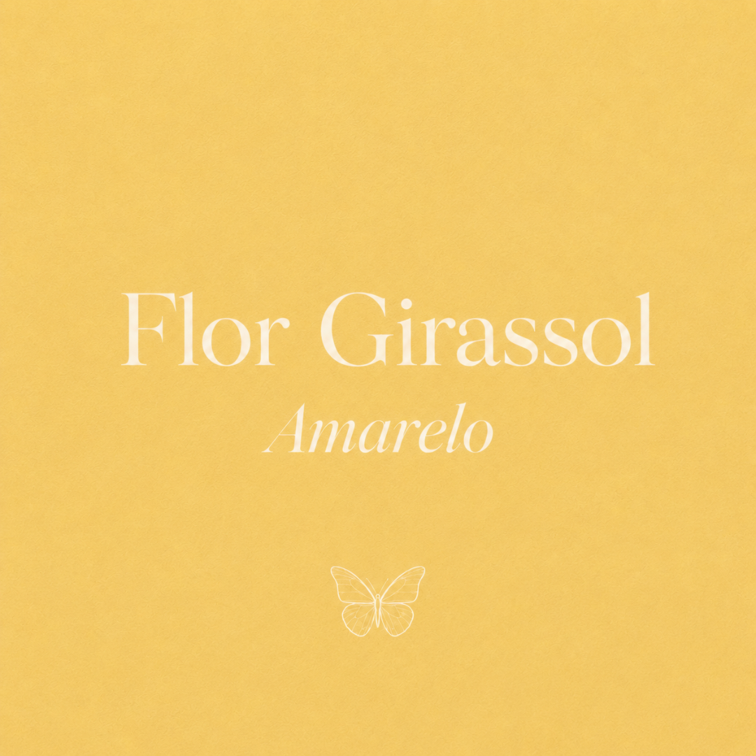 Fundo amarelo com texto branco Flor Girassol Amarelo e ícone de borboleta